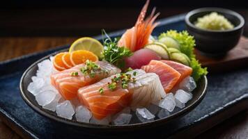 A beautifully arranged sushi platter featuring various types of sashimi on ice. photo