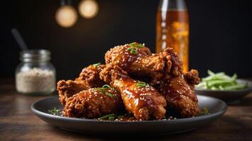 A plate of crispy fried chicken wings drizzled with sauce and garnished with green onions. photo