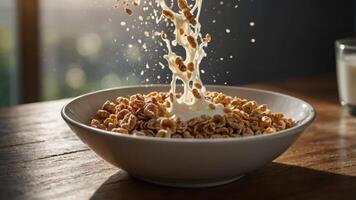 A bowl of cereal splashing milk, creating a dynamic and appetizing scene. photo