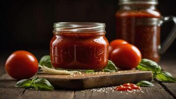 A rustic setting featuring a jar of tomato sauce, fresh tomatoes, and basil leaves. photo