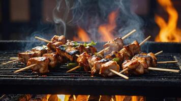 Grilled skewers of meat sizzling on a barbecue with smoke and flames. photo