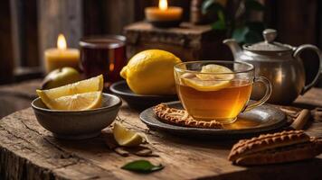 A cozy scene with tea, lemon, and cookies on a rustic wooden table, evoking warmth and comfort. photo
