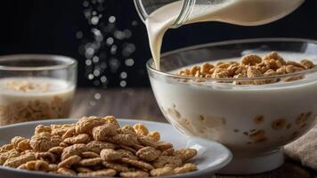 A bowl of cereal with milk, accompanied by a plate of dry cereal. photo