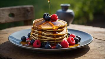 A stack of pancakes drizzled with syrup, surrounded by fresh berries on a rustic table. photo