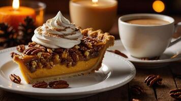 A slice of pecan pie topped with whipped cream, served with a cup of coffee and candles. photo