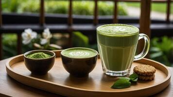 A serene display of matcha drinks and cookies on a wooden tray, emphasizing relaxation and enjoyment. photo