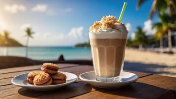 A refreshing drink beside cookies on a beachside table with a scenic view. photo