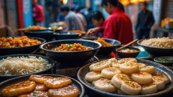 A vibrant street food scene with various dishes displayed in bowls, inviting diners. photo