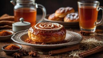A delicious cinnamon roll on a rustic table with spices and tea, inviting a cozy atmosphere. photo