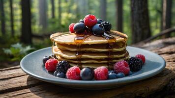 A stack of pancakes topped with berries and syrup, set in a serene forest environment. photo