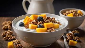 A bowl of yogurt topped with mango, blueberries, and granola, served with a side of granola. photo
