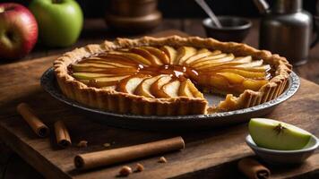A delicious apple tart with caramel glaze, displayed on a wooden table with cinnamon sticks. photo