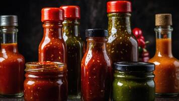 A collection of various hot sauce bottles in different colors and sizes. photo
