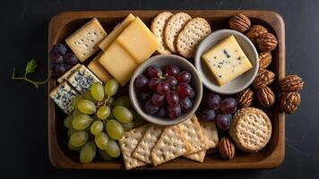 A cheese and snack platter featuring various cheeses, grapes, crackers, and nuts. photo