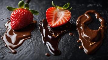 Fresh strawberries dipped in chocolate on a dark surface, highlighting indulgence and flavor. photo
