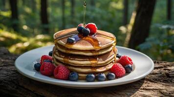 A stack of pancakes topped with syrup and berries, set in a forest environment. photo