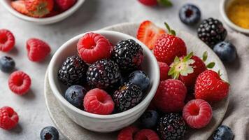 A bowl of mixed berries including raspberries, blackberries, and blueberries on a textured surface. photo