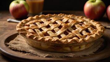 A freshly baked apple pie with a golden lattice crust, surrounded by apples and a drink. photo