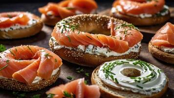 A selection of bagels topped with cream cheese and smoked salmon, garnished with chives. photo