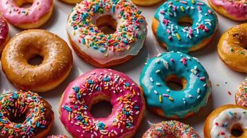 A colorful assortment of donuts topped with icing and sprinkles on a white surface. photo