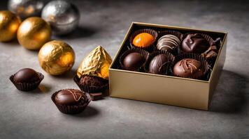 A luxurious box of assorted chocolates, beautifully arranged for gifting or indulgence. photo