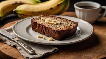 A slice of banana bread on a plate with bananas and a cup of coffee. photo