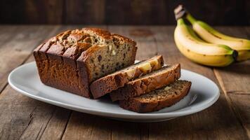 A sliced loaf of banana bread on a plate, accompanied by whole bananas. photo
