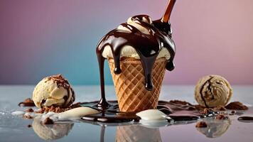 A delicious ice cream cone topped with chocolate sauce, surrounded by scoops of ice cream. photo