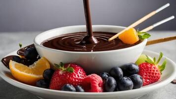 A bowl of chocolate fondue surrounded by fresh fruits for dipping. photo