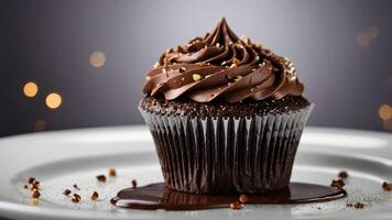 A delicious chocolate cupcake adorned with swirls of frosting and chocolate drizzle. photo