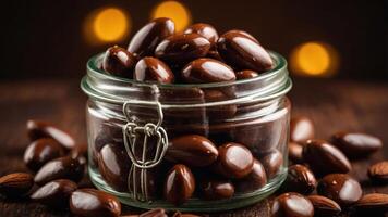 A glass jar filled with chocolate-covered almonds, surrounded by scattered almonds and warm lights. photo
