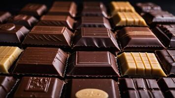 A close-up of assorted chocolates arranged neatly, showcasing various shapes and textures. photo