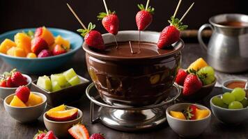 A chocolate fondue set with strawberries and assorted fruits for dipping. photo