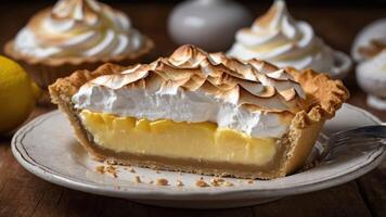 A slice of lemon meringue pie showcasing creamy filling and fluffy meringue topping. photo