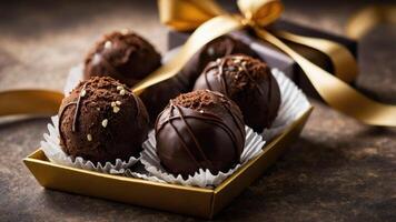 A box of assorted chocolate truffles elegantly presented with a golden ribbon. photo