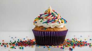 A colorful cupcake topped with frosting and sprinkles, surrounded by scattered confetti. photo