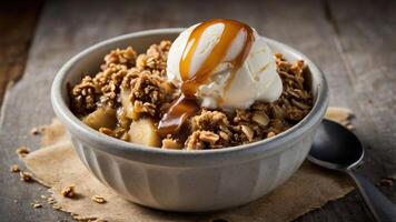 A bowl of apple crumble topped with vanilla ice cream and caramel sauce on a rustic table. photo