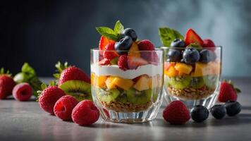 A colorful fruit parfait with layers of yogurt, granola, and assorted berries in glasses. photo