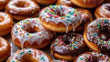 A tempting assortment of colorful donuts with icing and sprinkles. photo