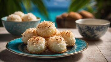 A plate of toasted coconut macaroons set against a tropical background. photo