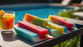 Colorful popsicles and a fruit drink by a poolside, perfect for summer enjoyment. photo