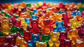 A colorful assortment of gummy bear candies in various shapes and colors. photo
