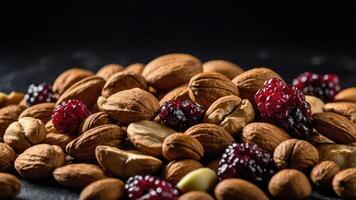 A close-up of assorted nuts and dried berries on a dark surface, highlighting their textures. photo