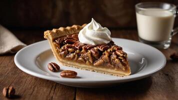 A slice of pecan pie topped with whipped cream, accompanied by a glass of milk. photo