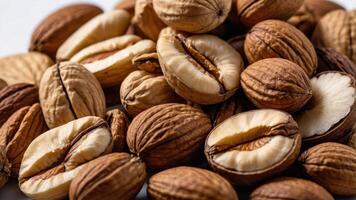A close-up of various nuts, showcasing their textures and shapes. photo