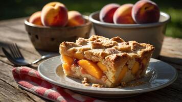 A slice of peach pie on a plate with fresh peaches in bowls, set on a rustic wooden table. photo