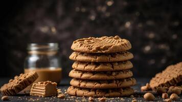 A stack of cookies with a jar of spread and crumbs, showcasing a delicious treat. photo