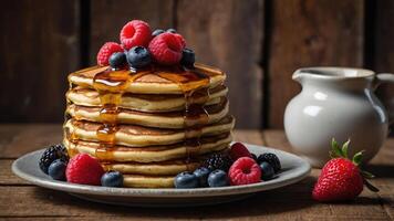 A stack of fluffy pancakes topped with berries and syrup, served on a plate. photo