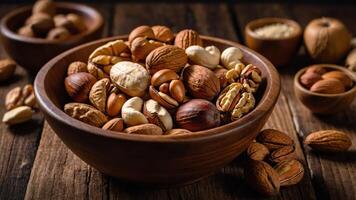 A wooden bowl filled with various nuts on a rustic table. photo