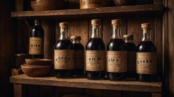 A rustic shelf displaying various bottles of dark liquid, likely sauces or condiments. photo
